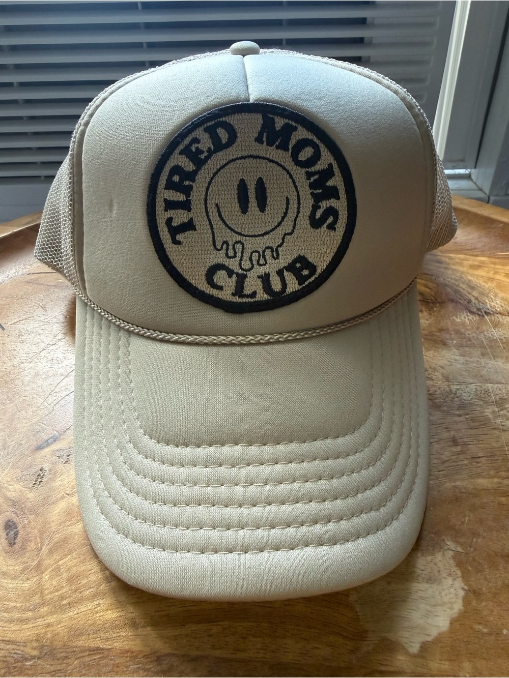 Tired Moms Club Beige Trucker Hat with Embroidered Patch
